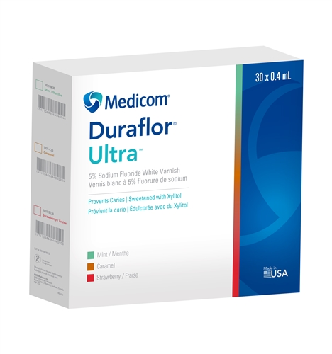 Medicom Duraflor Ultra 5% Sodium Fluoride White Varnish, Strawberry, 0.4mL unit dose, 200/box Questions & Answers